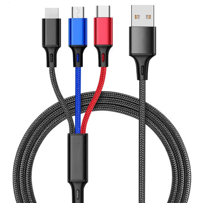 Red 3-in-1 braided charging cable with iPhone, Android and Type-C connectors shown at 1.25 metre length