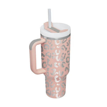 40 oz stainless steel insulated tumbler with handle and straw in tapered mug design