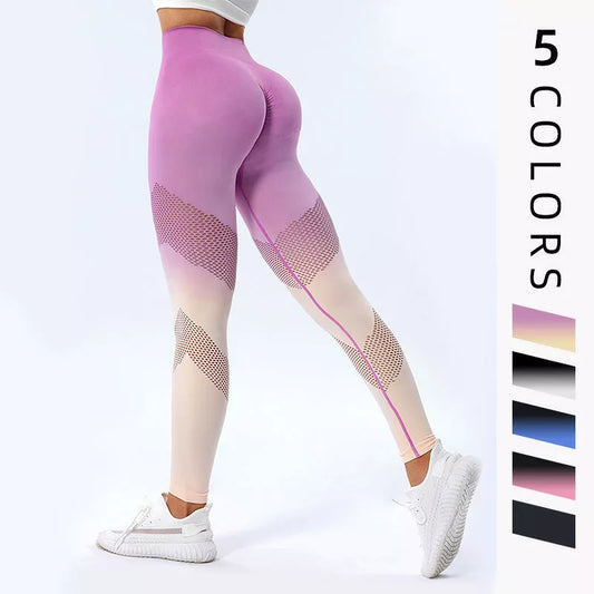 Women's hollow design gradient printed yoga pants with high waist and quick-drying material
