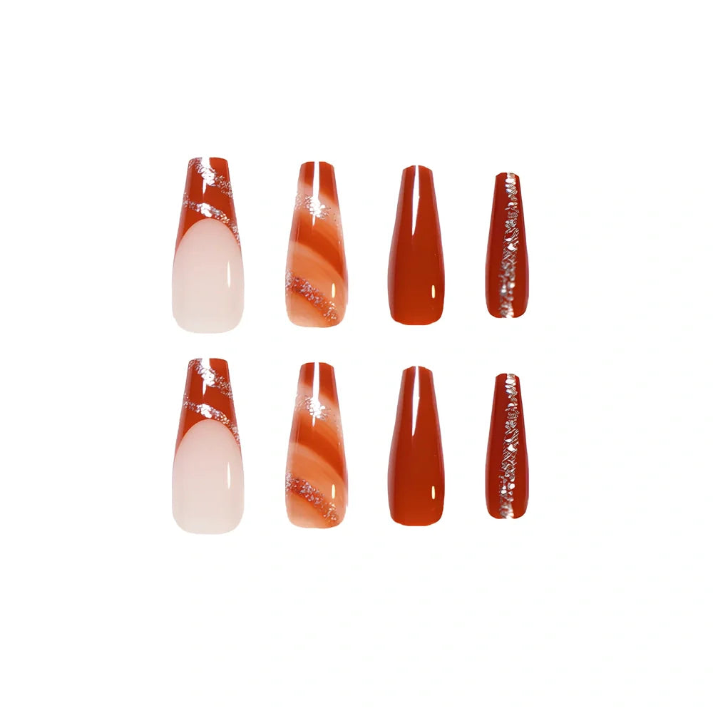 24 maple leaf red French tip press-on nails in open box showing long nail patch design