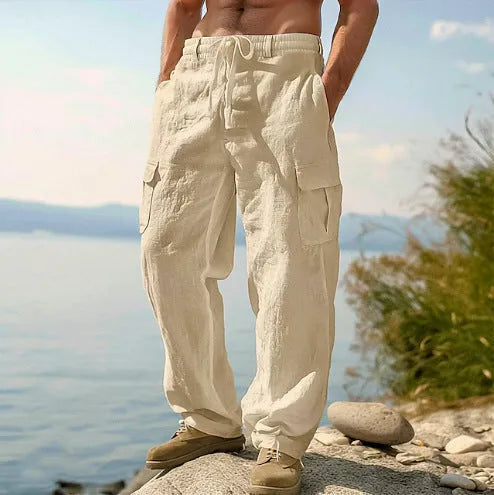 Men's thin cotton wide-leg casual trousers in light army green colour, showing loose fit and mid-waist design