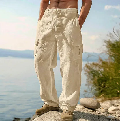 Men's thin cotton wide-leg casual trousers in light army green colour, showing loose fit and mid-waist design