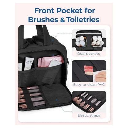Travel toiletry bag with wide-open design showing 29.97cm length, available in six colours including black and pink