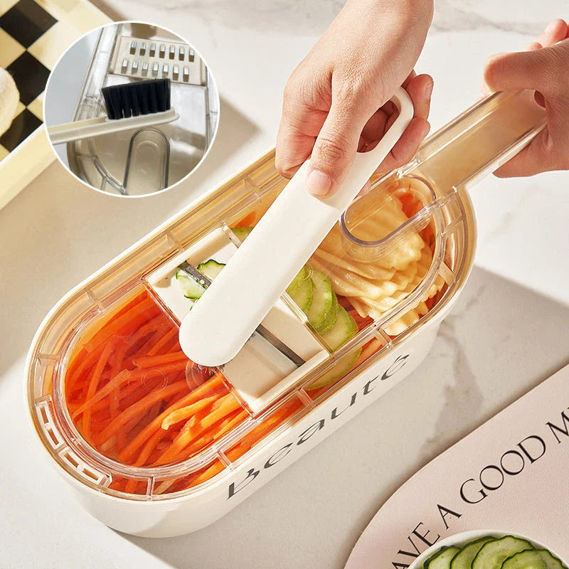 Versatile Vegetable Chopper with Interchangeable Blades, Built-in Container, and Self-Cleaning Brush for Effortless Meal Prep