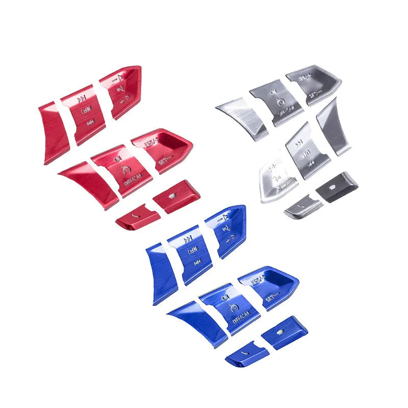 Aluminium alloy steering wheel decorative stickers in brushed red, silver, and blue transparent button designs