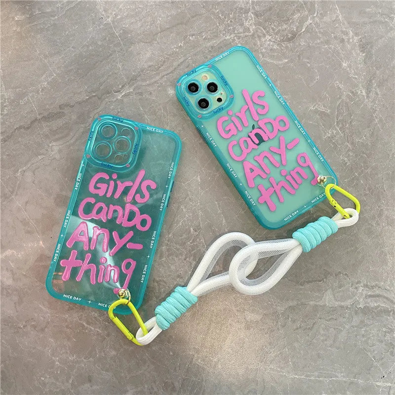 Phone case with lanyard attachment for Apple iPhone models, featuring personalised graffiti-style artwork painted onto TPU material, available in designs including blue-haired girl eating bread and xx-eyed green crocodile with lanyard or plain mint green
