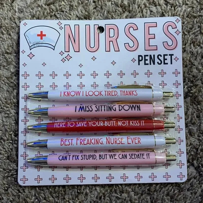 Five nurse cartoon theme retractable ballpoint pens in plastic construction