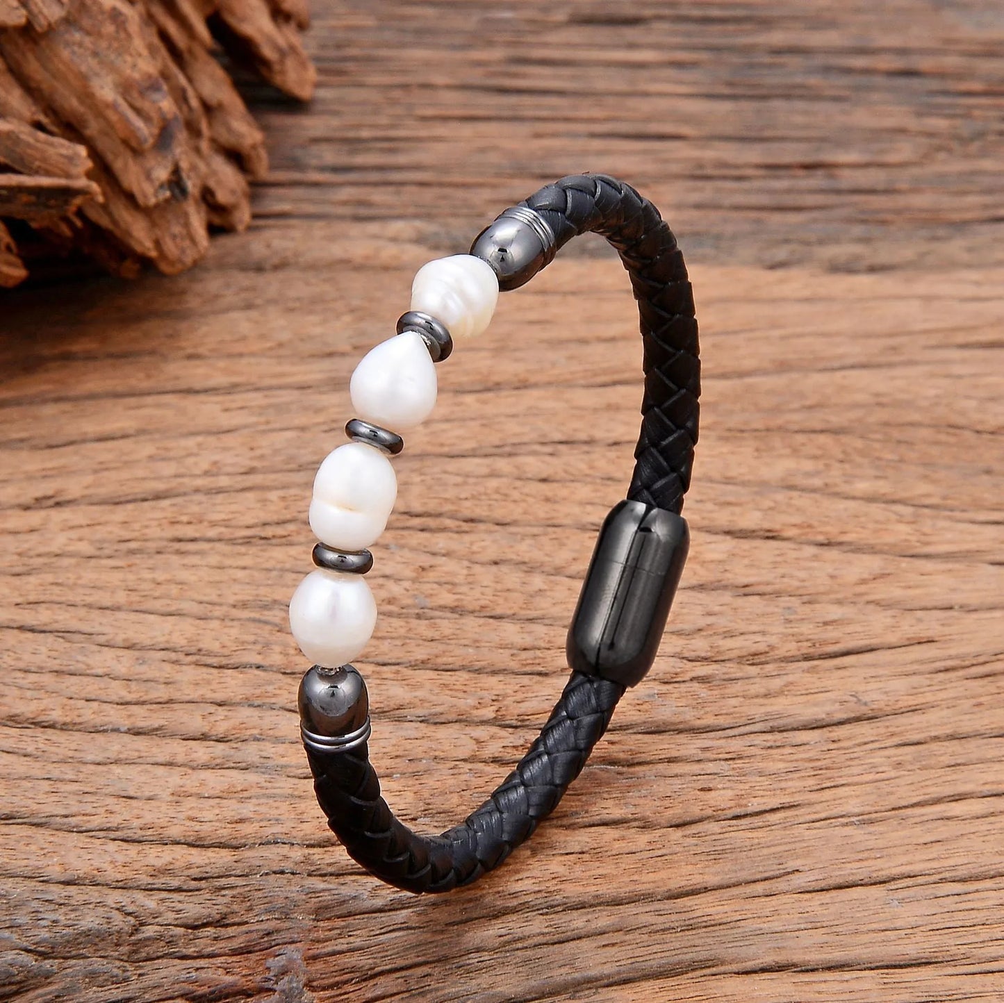 Korean style unisex leather bracelet with irregular natural pearls in six colour options