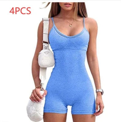 Stylish spaghetti strap jumpsuit in various vibrant colors, perfect for yoga, workouts, and everyday wear.