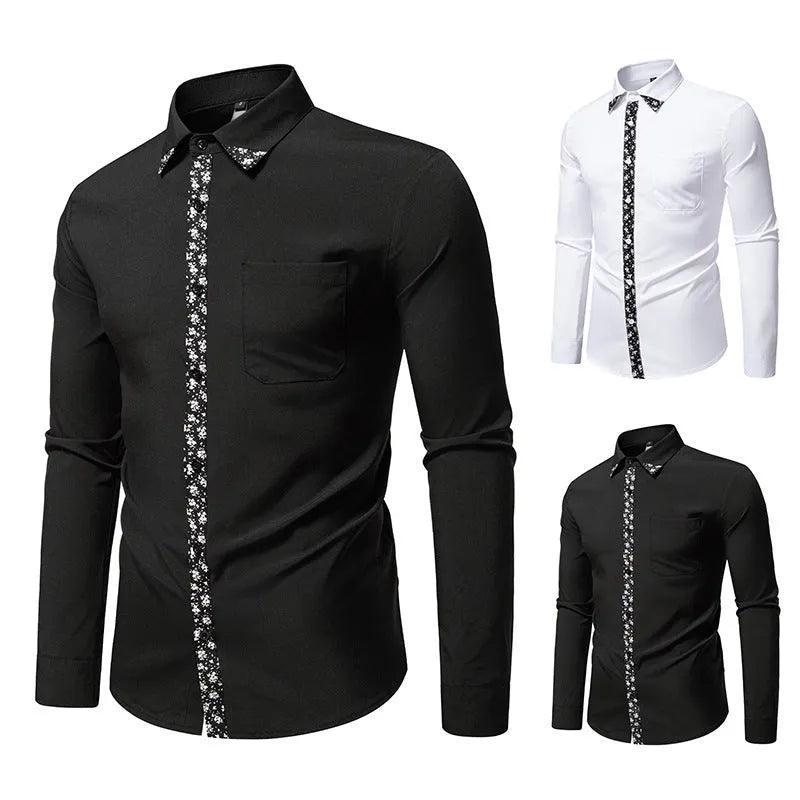 Men's long sleeve polyester shirt in white or black with slim fit and colour block cardigan-style design