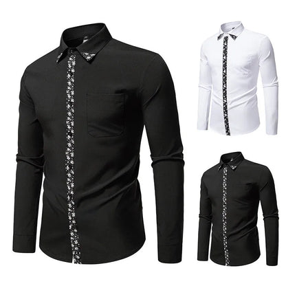 Men's long sleeve polyester shirt in white or black with slim fit and colour block cardigan-style design