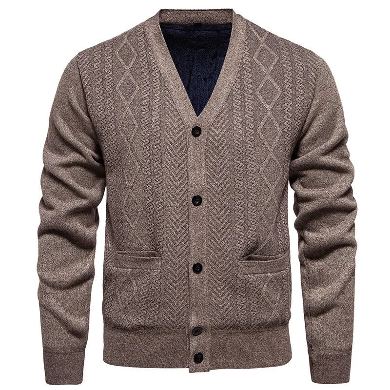 Man wearing a striped brown cardigan sweater with long sleeves and wool lining.