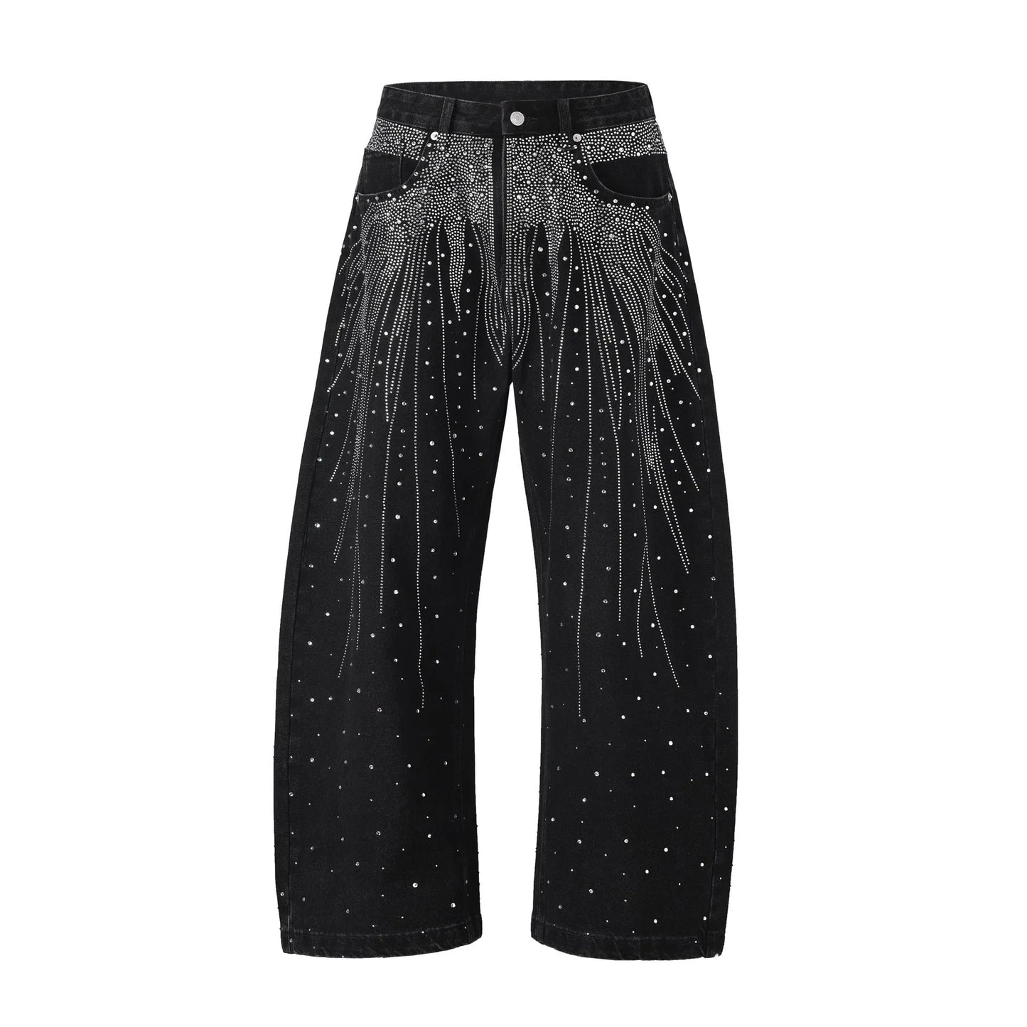 A pair of loose-fitting wide-leg casual trousers in blue on a mannequin.