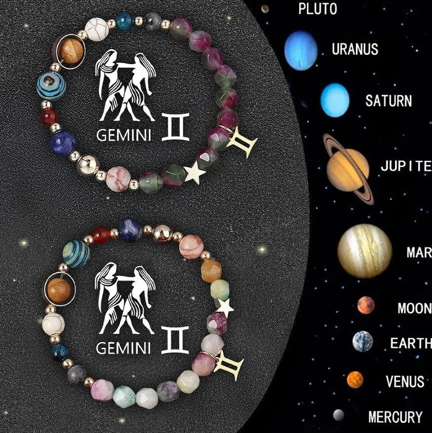 Two natural stone beaded bracelets with zodiac sign charms on adjustable knotted cords
