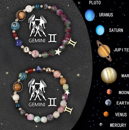 Two natural stone beaded bracelets with zodiac sign charms on adjustable knotted cords
