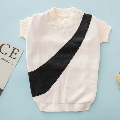 Casual wool knitted dog jumper shown in various colours including black, pink, and blue, sized for small to large breeds.