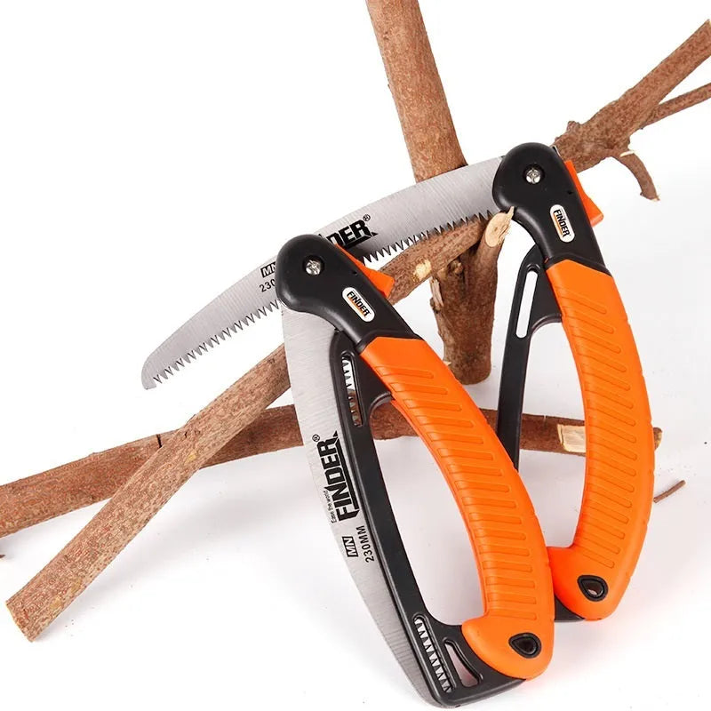 230mm folding garden saw with TPR grip, shown open and closed, for pruning branches up to 10cm thick