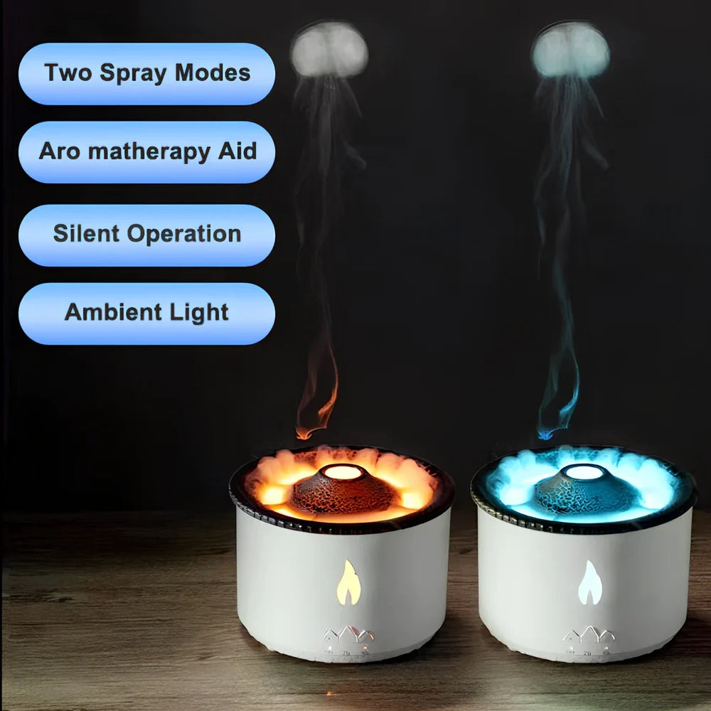Black columnar ultrasonic humidifier producing jellyfish smoke rings with flame lighting effect
