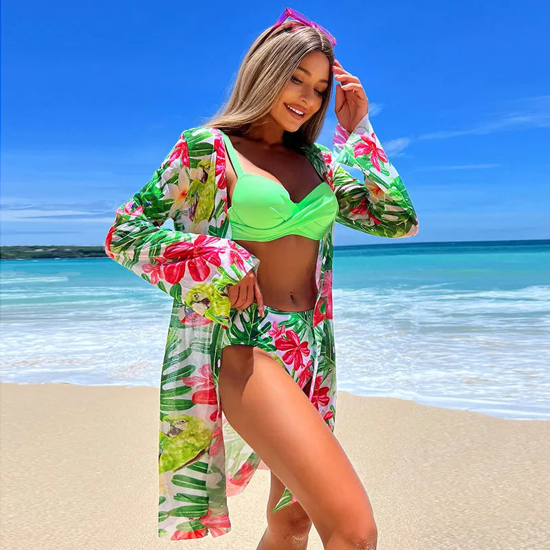 Women's three-piece printed swim set with bikini top, pants and beach blouse in green, blue or rose red.