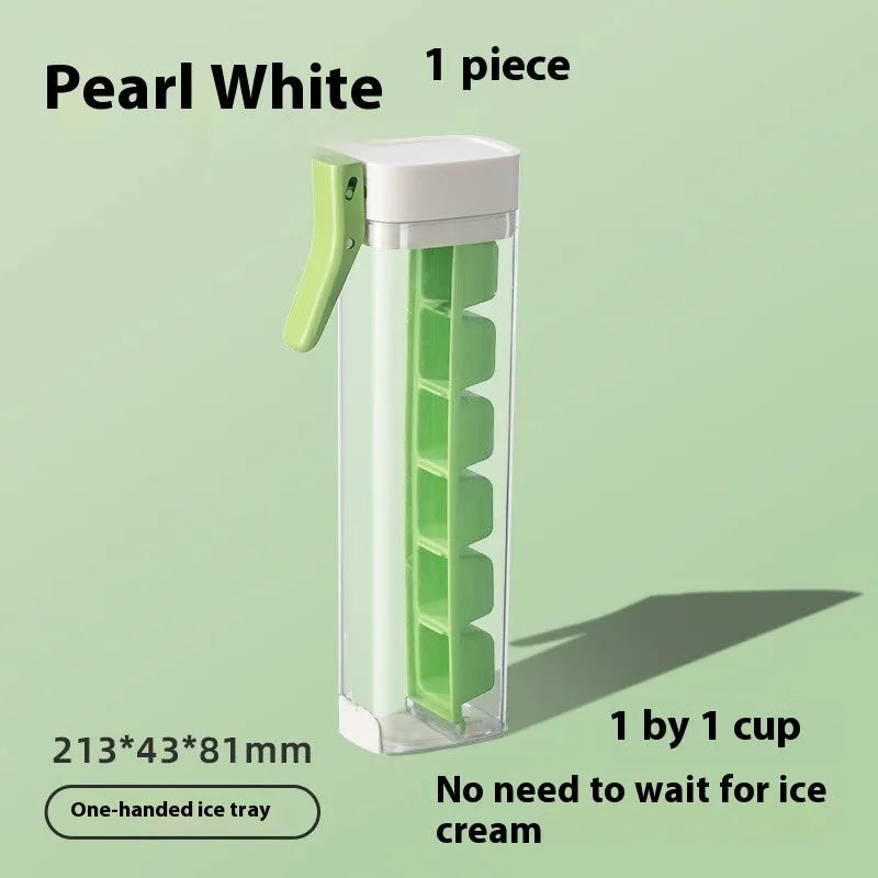 Blue press-release ice cube tray with storage box on a kitchen counter