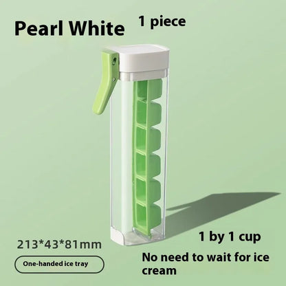 Blue press-release ice cube tray with storage box on a kitchen counter
