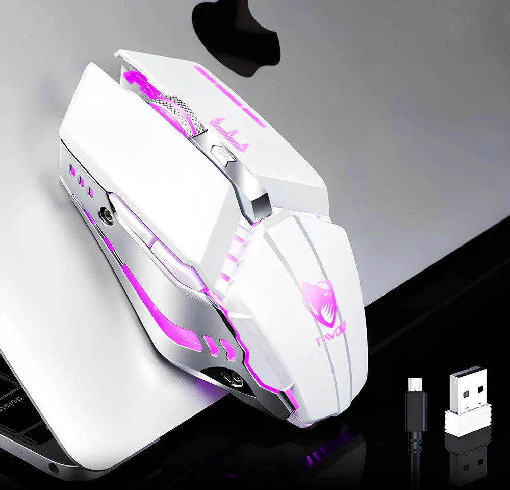 Wireless gaming mouse with RGB lighting in black colour showing six programmable buttons and scroll wheel