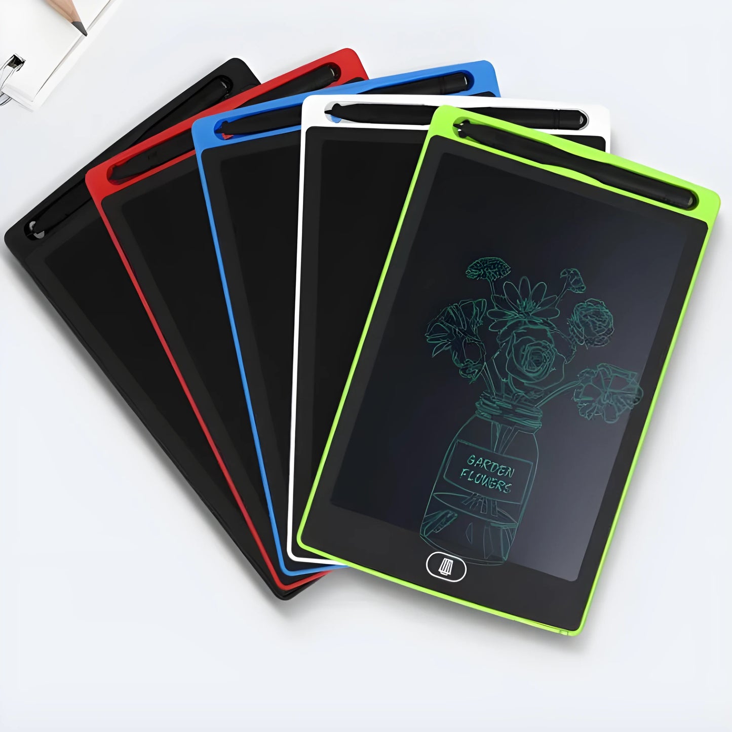 Colour options for a plastic electronic writing board drawing tablet for children.