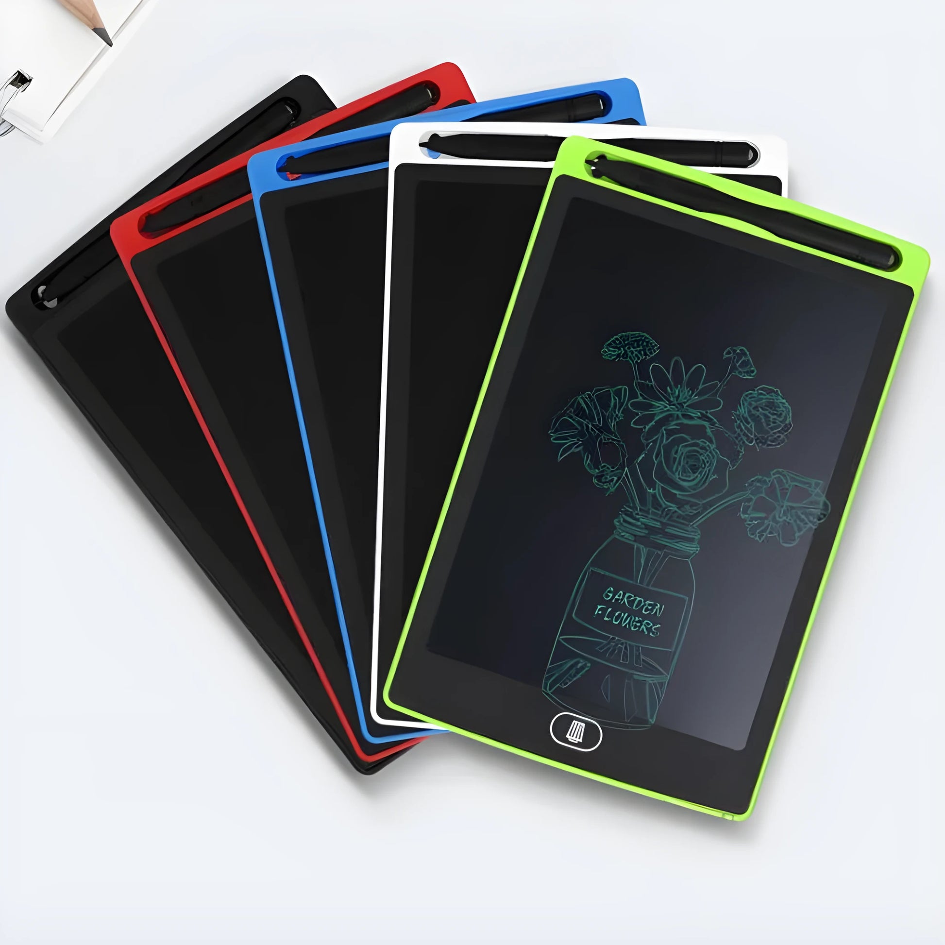 Colour options for a plastic electronic writing board drawing tablet for children.