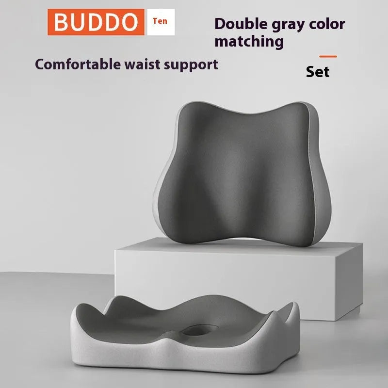 Memory foam seat cushion with contoured shape for lower back support, measuring 40cm x 40cm