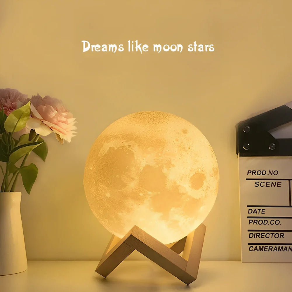 3D-printed moon night table lamp with remote control on wooden holder, showing lunar texture and adjustable brightness aperture