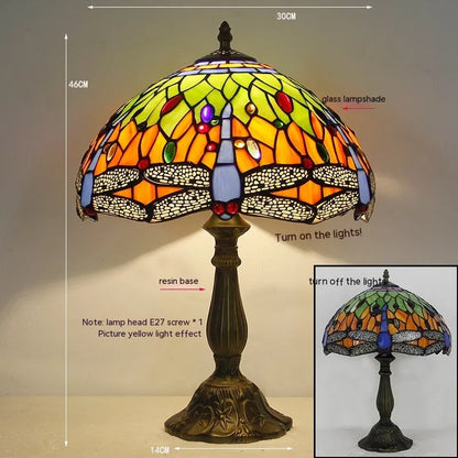 European style stone table lamp with dragonfly motif in blue finish, 30cm height