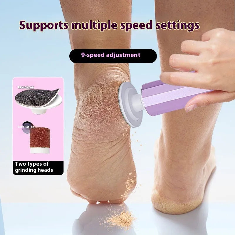 USB-powered electric callus remover and foot file device with grinding pads, in black, pink, or purple, presented in a gift box.
