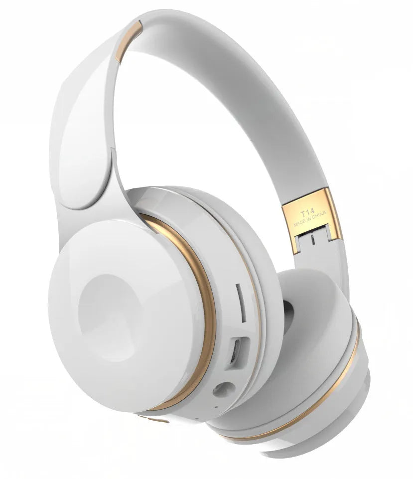 Foldable wireless Bluetooth headset in various colours showing head-mounted design