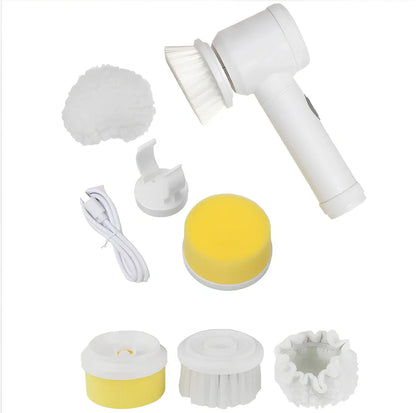 Electric cleaning brush with five interchangeable heads for kitchen and bathroom cleaning tasks
