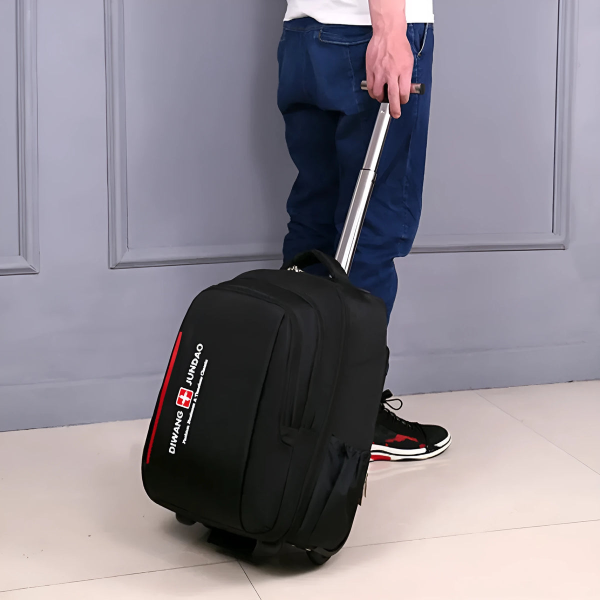 Black 18-inch business travel backpack trolley bag with letter pattern and shoulder straps