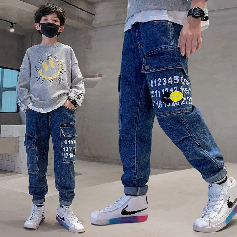 Blue printed fashion girdled jeans for boys with elasticated rubber band waistband and Korean style cut