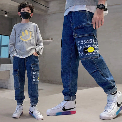 Blue printed fashion girdled jeans for boys with elasticated rubber band waistband and Korean style cut