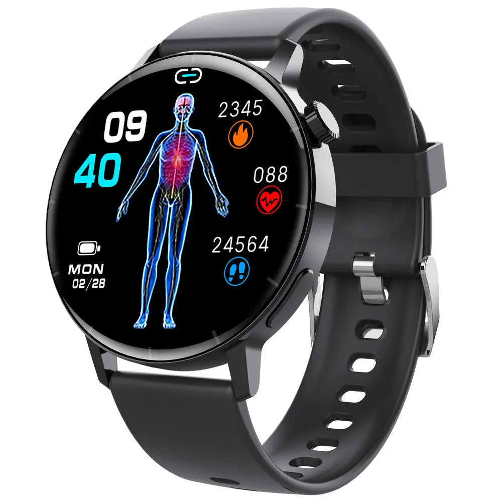 F67S blood glucose smart watch with leather strap showing health monitoring display