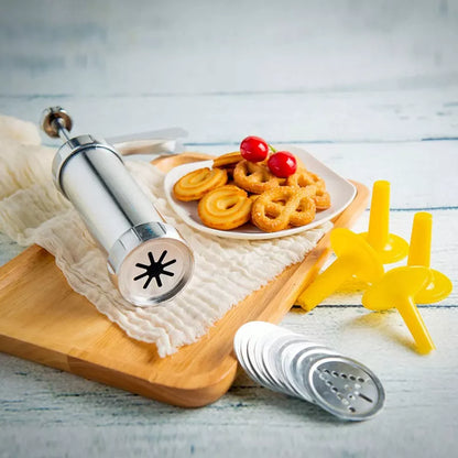Stainless steel cookie press gun with multiple discs for baking and icing