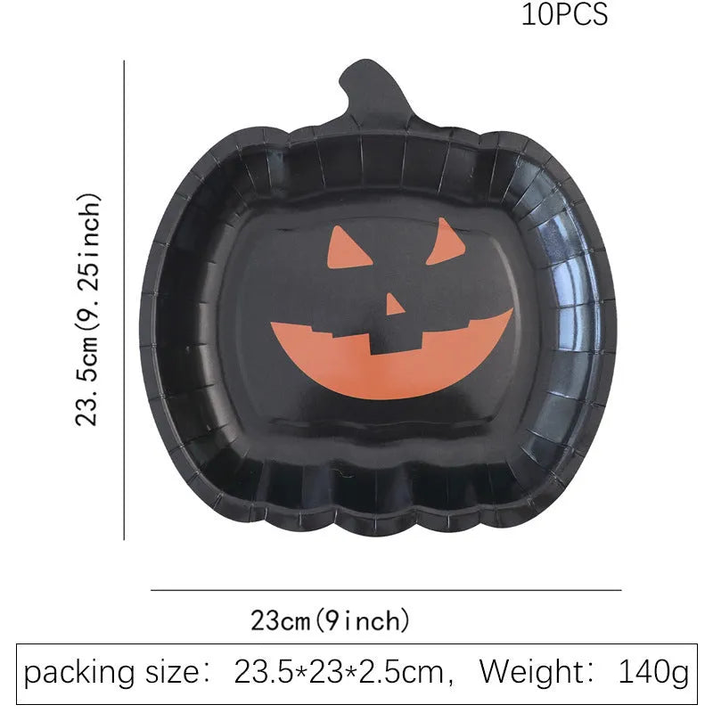 Black pumpkin design disposable paper plates for Halloween, 9-inch diameter