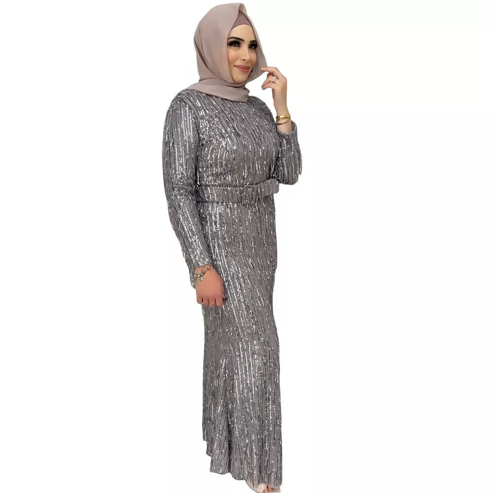 Sequin Tassels Slim-fit Muslim Dress in gold and silver with unique detailing