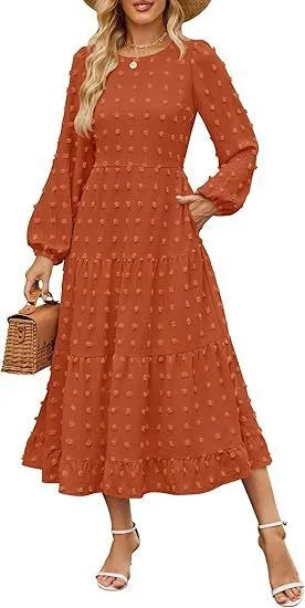 Autumn long sleeve dress with ruffled sleeves and high waist design in various colour options
