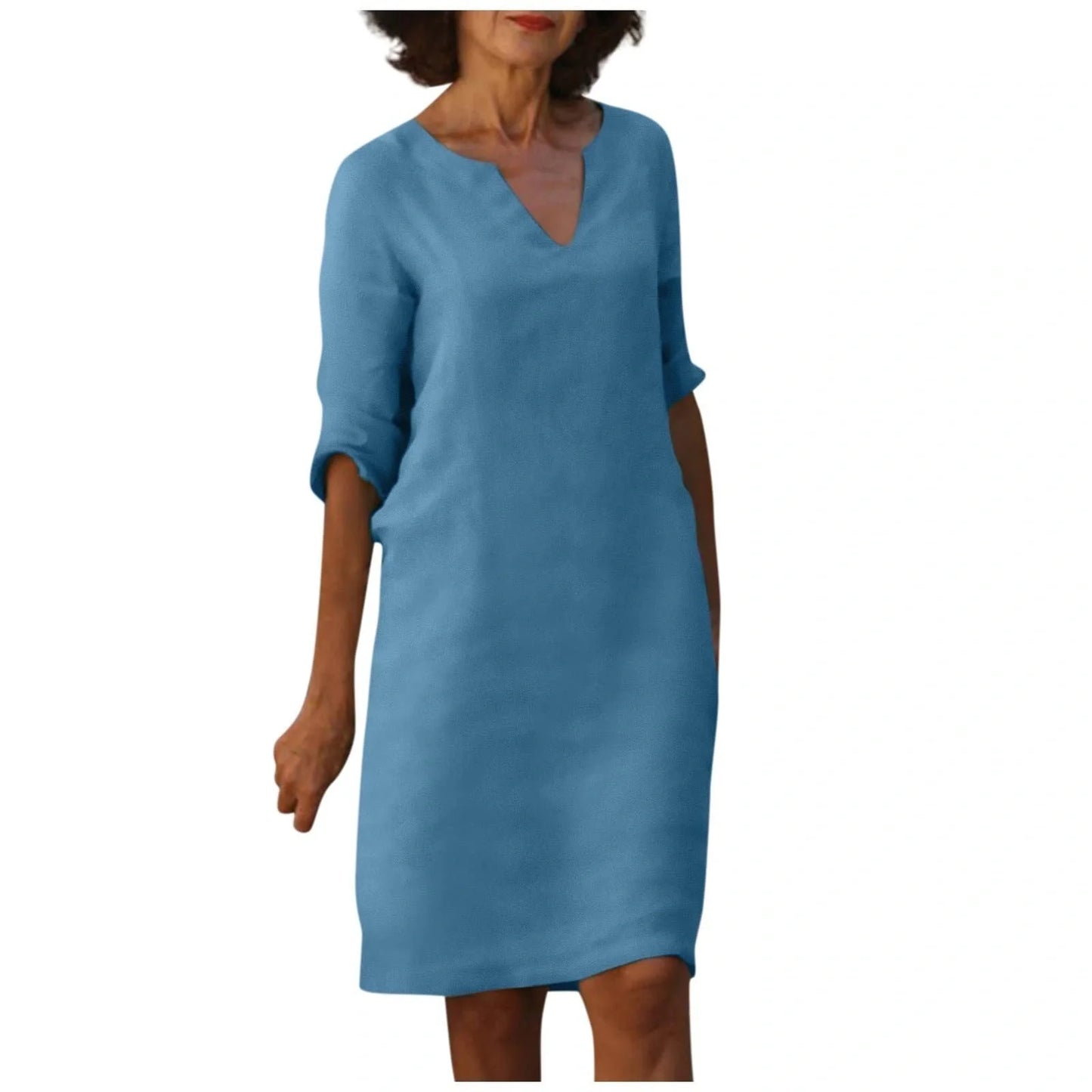 Retro cotton and linen V-neck dress with high waist and summer stitching in various colors