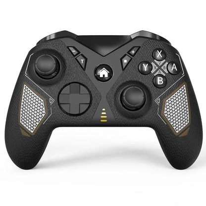 Black wireless game controller with leather-textured ABS plastic body, showing dimensions and Type-C port
