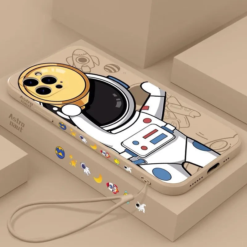 Cartoon astronaut design silicone phone case for iPhone on a black, khaki, or sea blue background.