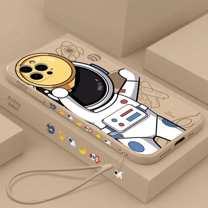 Cartoon astronaut design silicone phone case for iPhone on a black, khaki, or sea blue background.