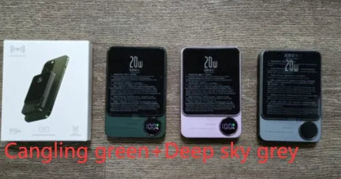 MagSafe magnetic wireless power bank in Cangling Green for iPhone 14, showing aluminium alloy case.