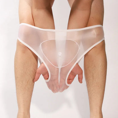 Men's shiny transparent nylon briefs with bullet separation design in multiple colours