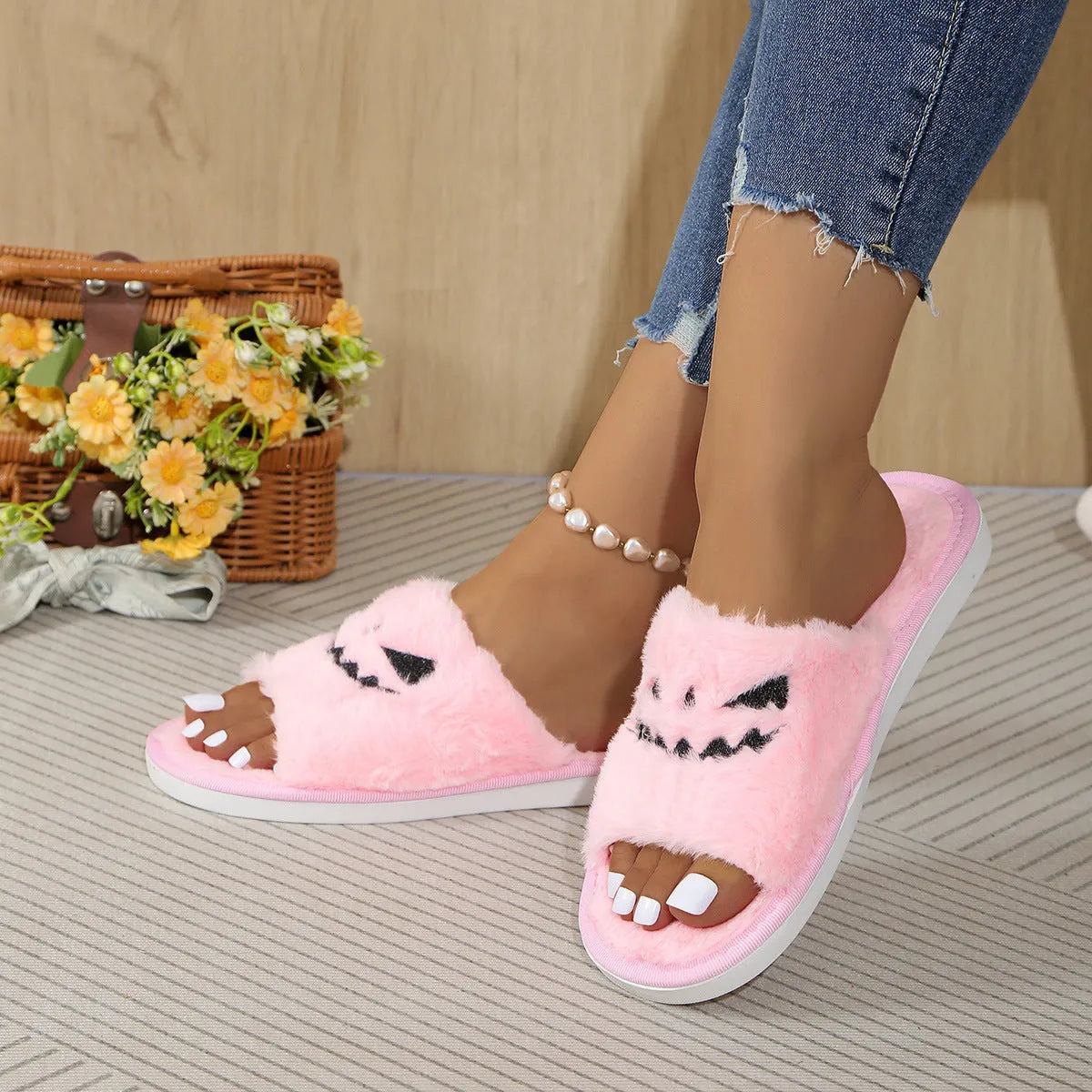 Plus size women's flat plush Halloween home slippers with artificial wool lining, TPR sole, toe ring design, purple orange black pink, sizes 35-44