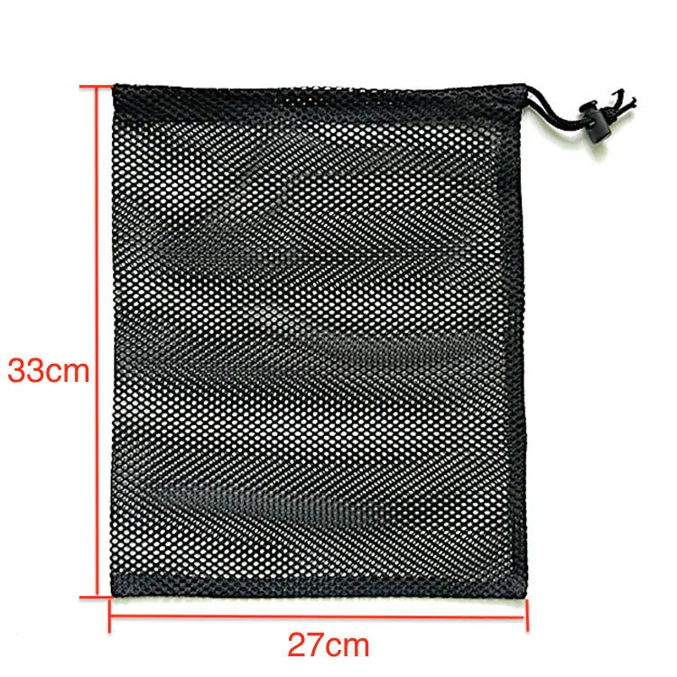 Black drawstring mesh bag for children's water balloons in three sizes with bottomless side design
